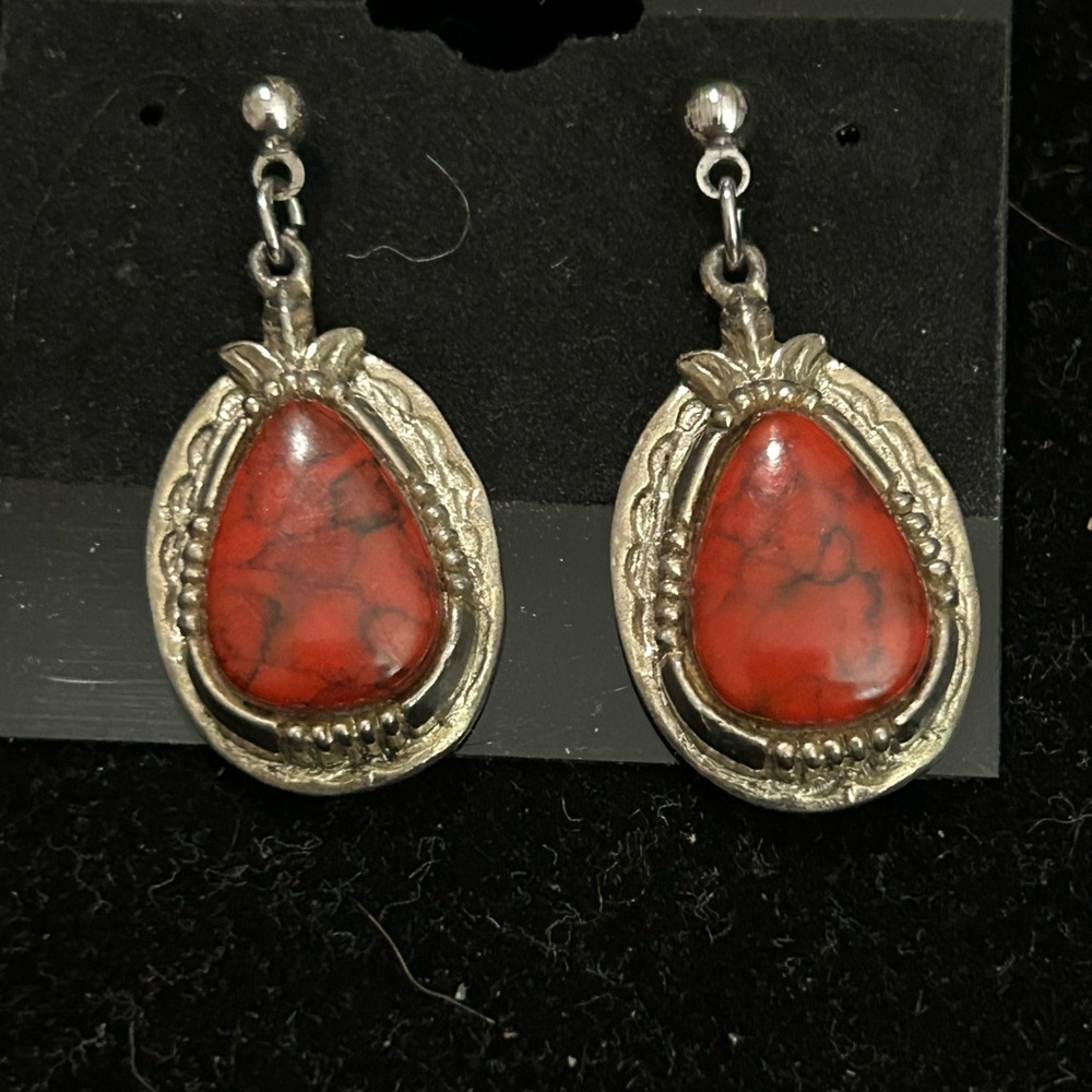 Red Stone and Silver Teardrop Earrings